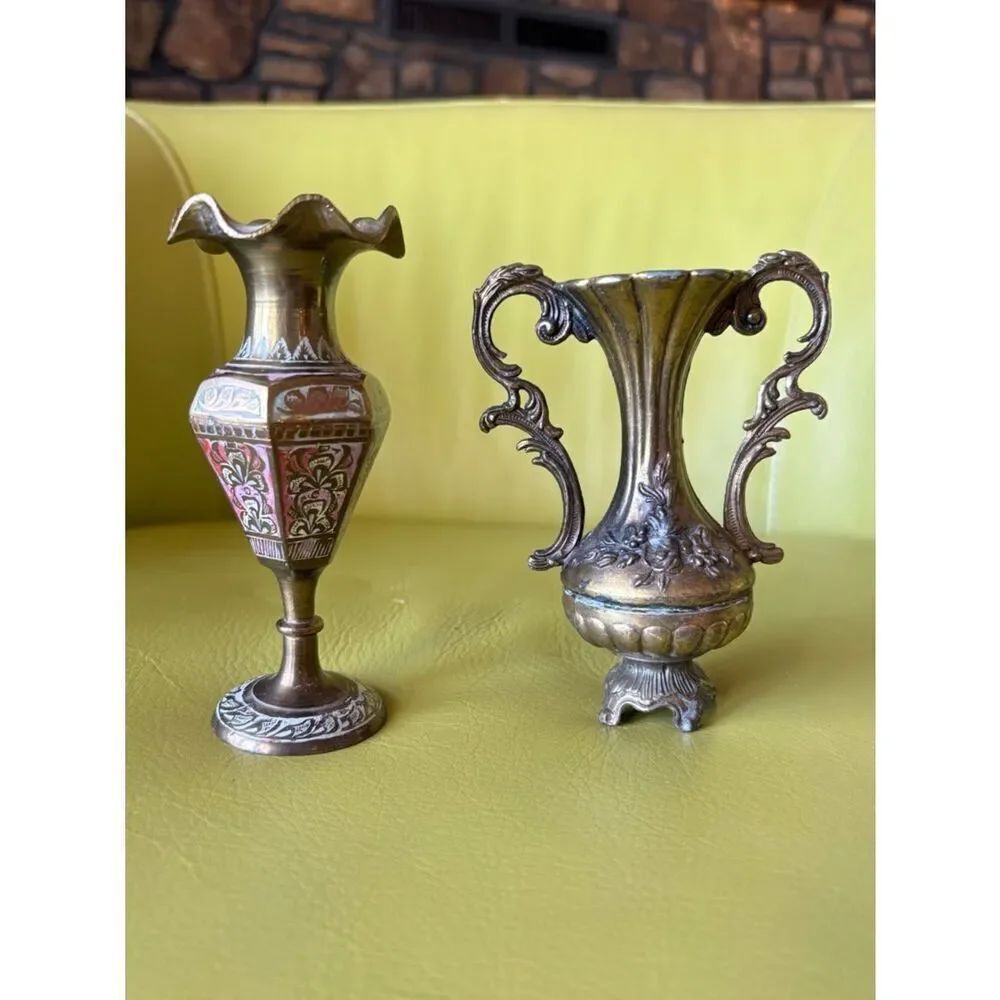 Vintage Brass Mini Vase Set Italy & India Ornate Floral Etched Bud Vases